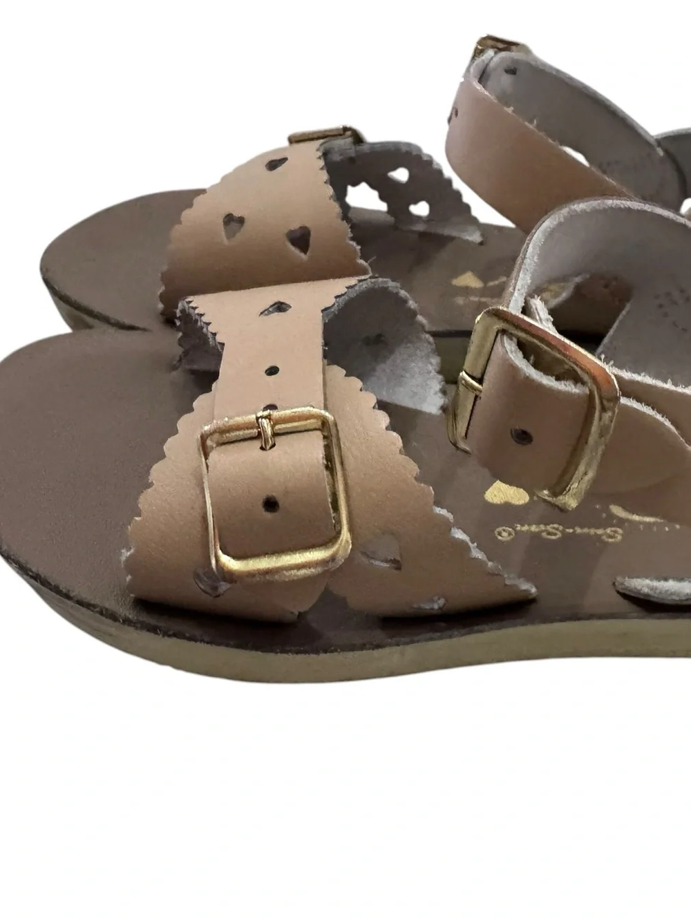 Girls Tan Buckle Sandals with Scalloped Trim